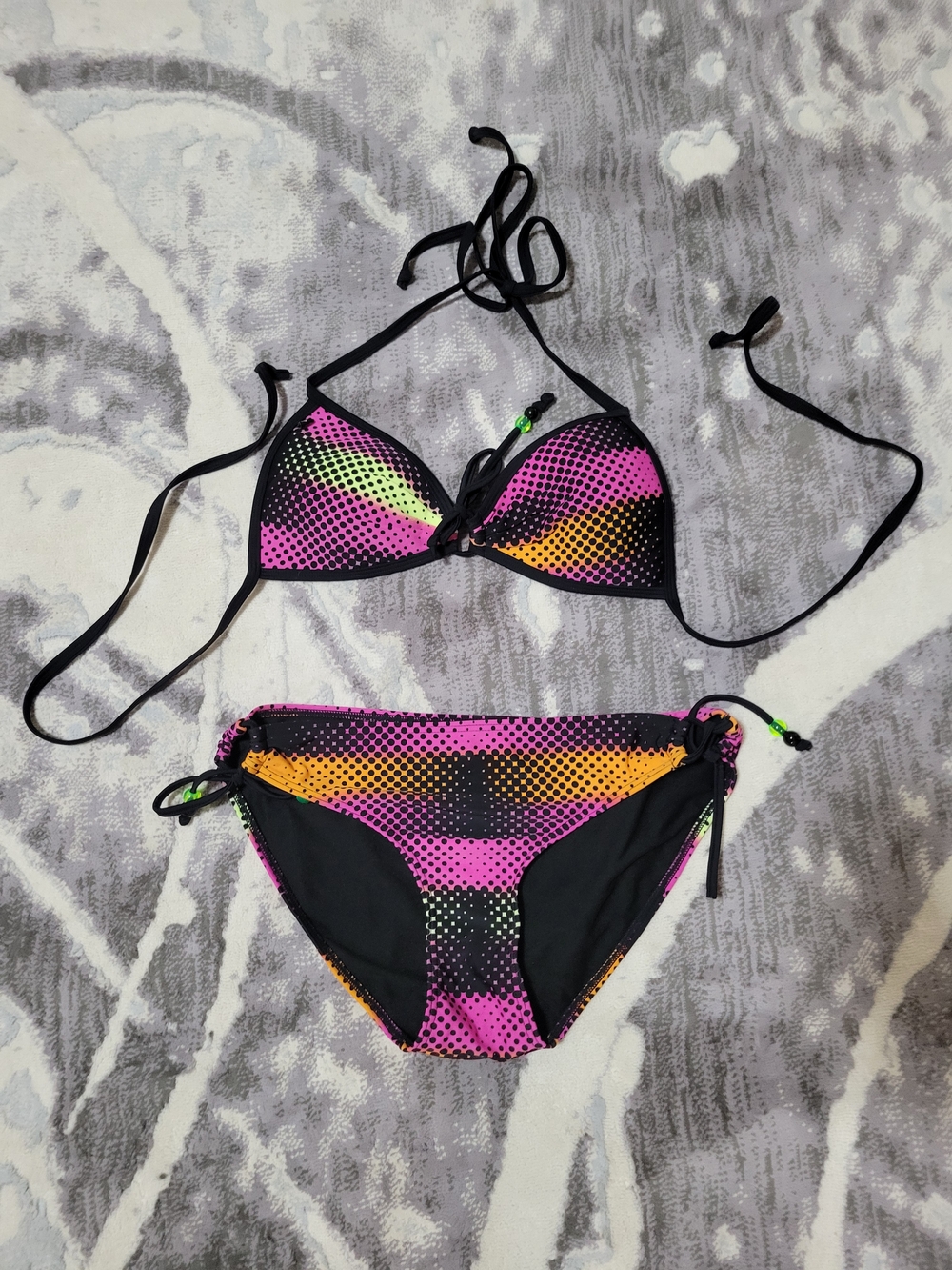 La Vie En Rose Pink, Orange & Green Dot Triangle Tie-Side Bikini Size L